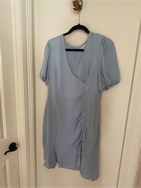 Emma & Michele Light Blue Puff-Sleeve Ruched Wrap Mini Dress
